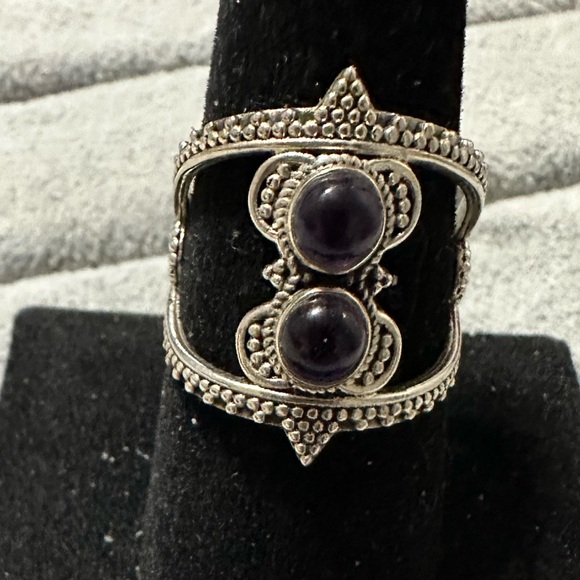 New Sterling Silver Boho Double Purple Amethyst Ring Size 9 Gemstone Crystal - Picture 2 of 11